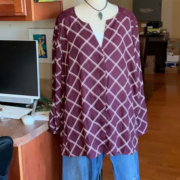 Terra & Sky Tops - Terra & Sky Burgundy Plaid with Lace Button Down Blouse Size 2X, NWT